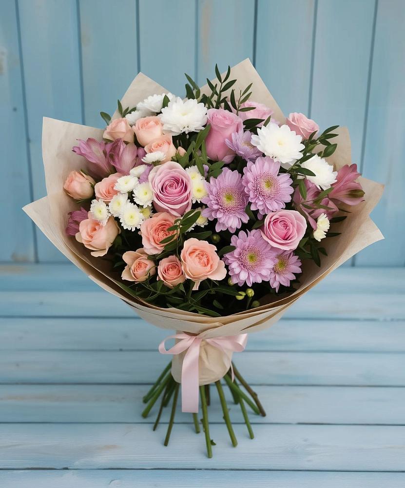 Букет цветов из: Хризантемы, Розы и Альстромерии в Пивоварихе