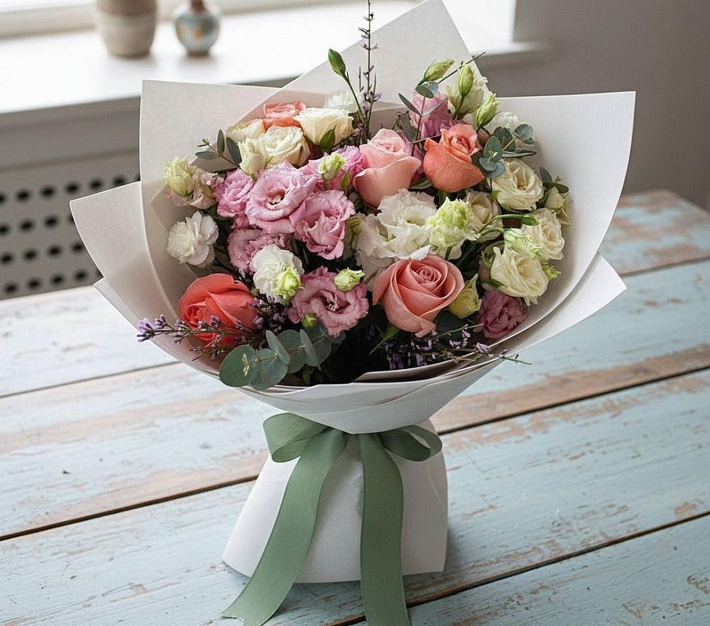 Букет цветов из: Розы, Лизиантусы и Гвоздики в Пивоварихе