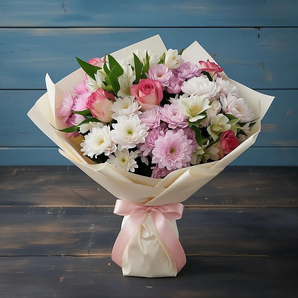 Букет цветов из: Хризантемы, Альстромерии и Розы в Пивоварихе